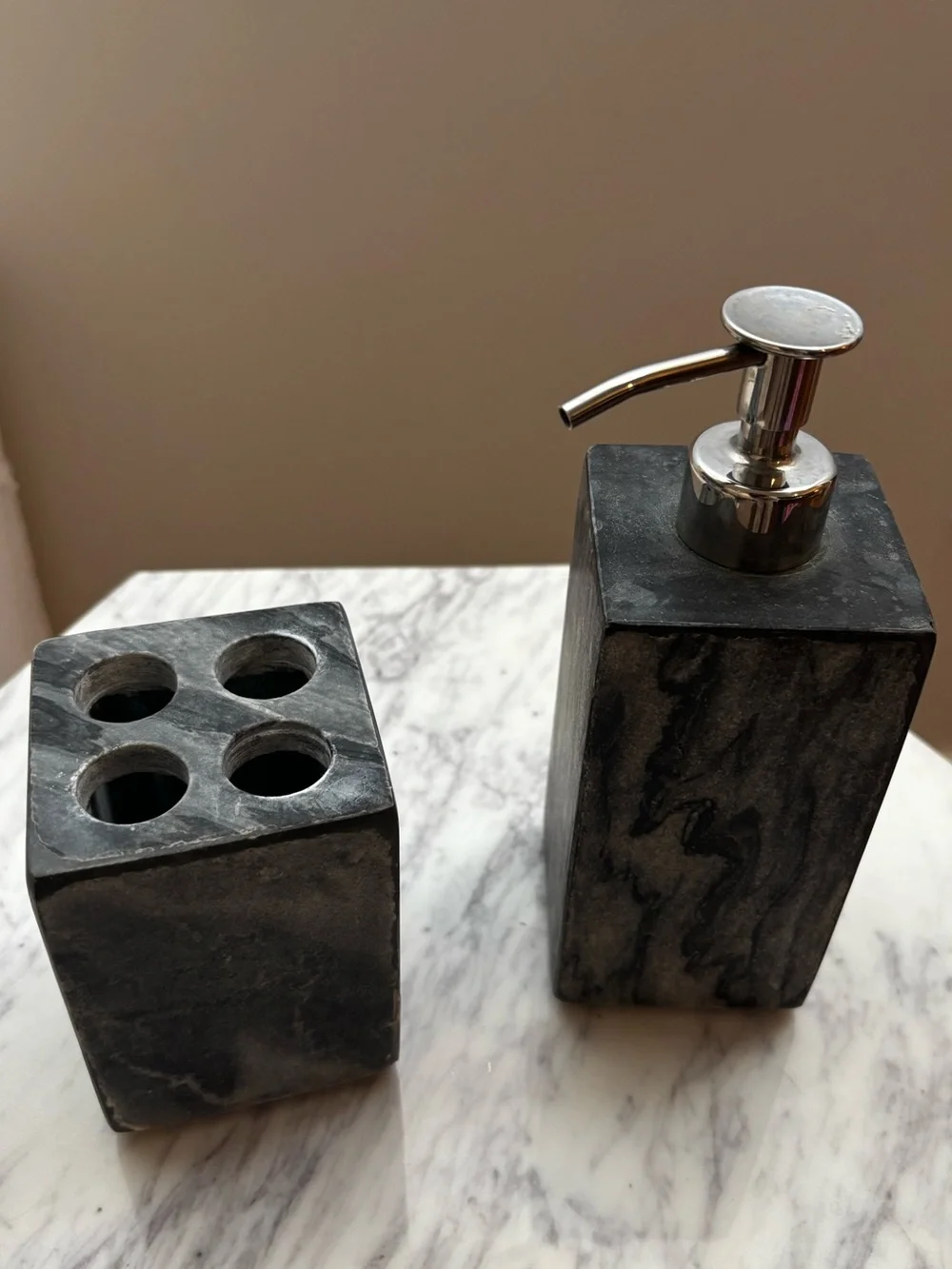 Gray Marble Bathroom Soap Dispenser and Toothbrush Holder Set